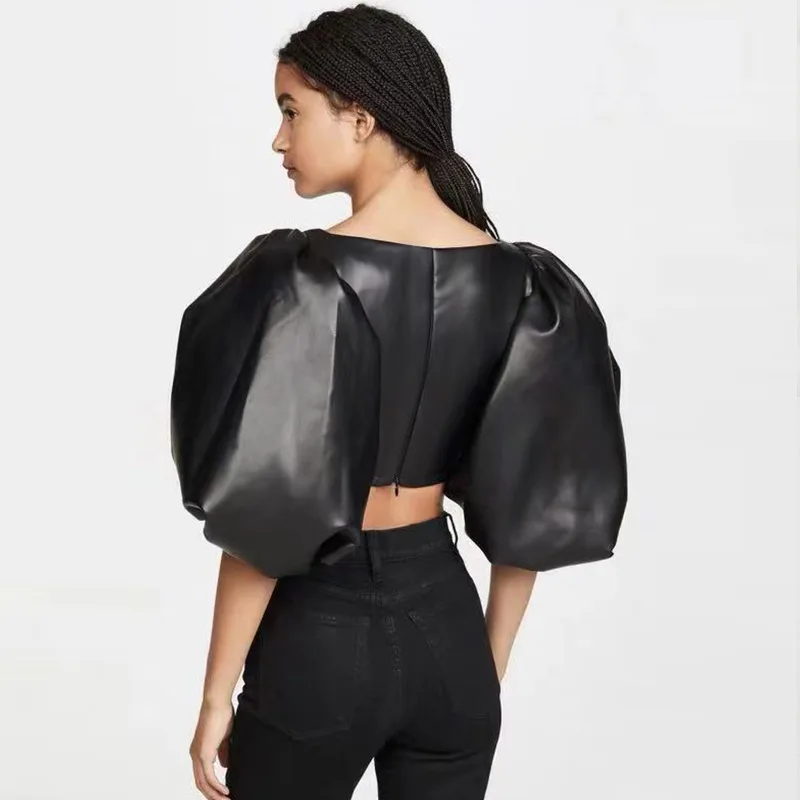 Корейский Tumblr 2019 хит продаж Одноцветный женский топ из искусственной кожи с