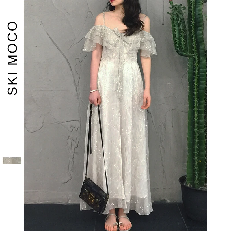 Платье женское винтажное с открытыми плечами шифоновое на бретельках длинное