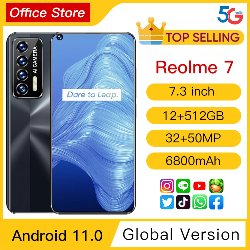 

Reolme 7 Smartphone Android 11 Global Version 12+512GB 32+50MP 6800mAh Featured Phone Dual SIM+Micro SD Unlocked Cell Phones