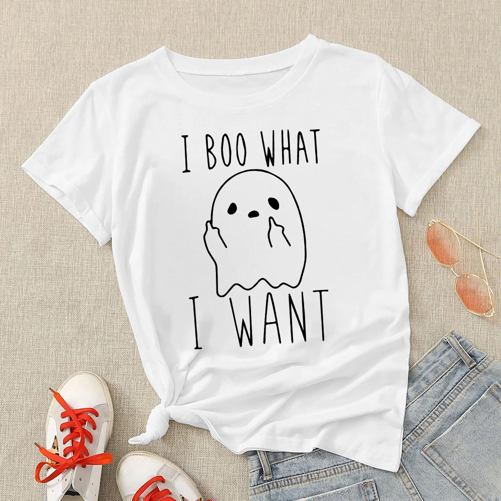 

Little Ghost Print Summer T Shirt I BOO WHAT I WANT Printed Hip Hop Girl Tshirt Personalized Y2k Fashion Loose Tees For Women