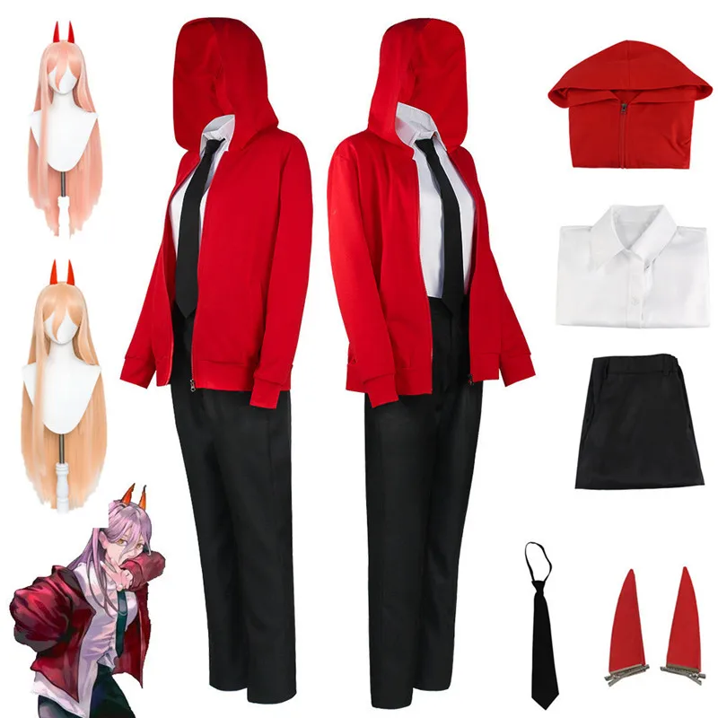 

Парик для косплея аниме бензопила человек сила дьявола крови костюм парик красная куртка рубашка брюки заколка для волос рога наряд для Хэл...