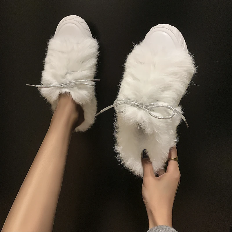 

2021 Fur Flats Slippers Fashion Short Plush New Boots Women Fashion Flip Flops Home Cotton Cozy Warm Furry Shallow Mujer Zapatos