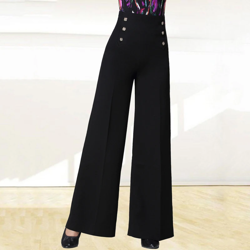 

Новые женские брюки для латинских танцев Новинка Высокая талия женские Стандартный латинский тренировочные широкие черные брюки танцевал...