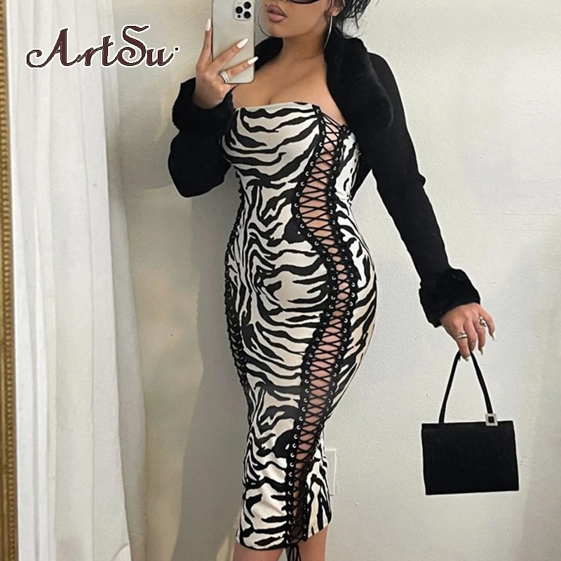 

Женское облегающее платье с принтом зебры Artsu, платье макси без рукавов с завязками на завязках, осенняя одежда Y2K Fashion