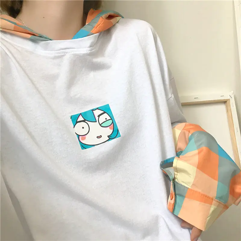 

With Hat Hoodies Women Couple Fake Two Pieces Patchwork Oversize Korean Style Trendy Lovely Girls Designer Chic Females Spring