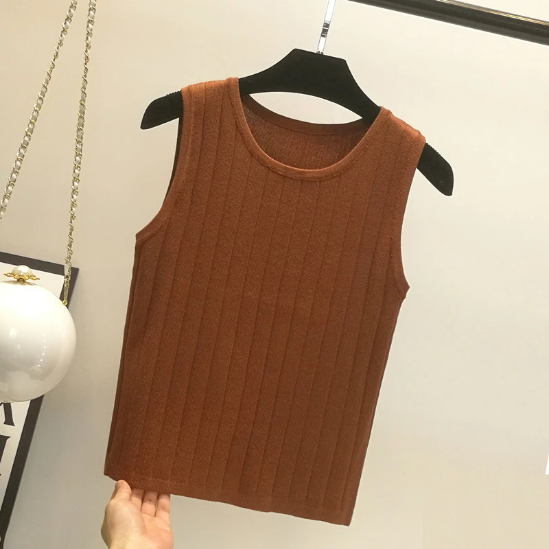 

0381 Summer Women Ice Silk Knitted Vest Thin Korean Style Loose Casual Daily Soft Breathable Cool O-Neck Sleeveless Tank Tops