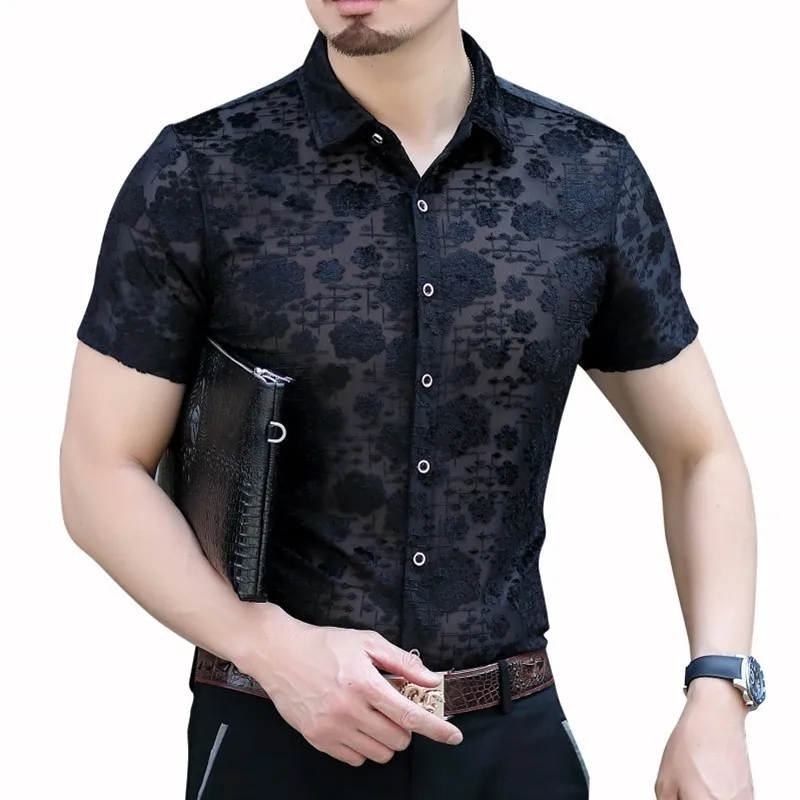 

High Quality Velvet Shirt Camicia Uomo Camisa Embroidery Social Man Shirt Fashion Floral Transparent Short Sleeve Camisa Hombre