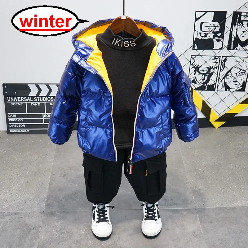 Winter Fashion Children Casual Sportswear Suit Down Jacket + Plus Velvet T-Shirt + Thick Pants 3Pcs Suit Boys Clothes Sets 2-6Y