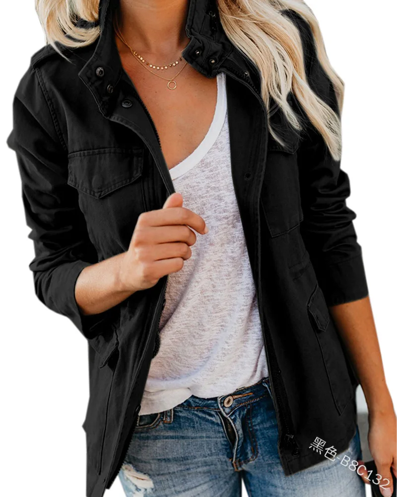 

Women's Spring Jacket Zip Up Outerwear Female Clothes Streetwear Autumn Coat Stand Collar Windbreaker Green Military Jackets