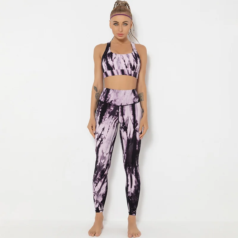 

Outfit Running Elastic Gym Workout Clothes Tie Dye Yoga Suit Women Sportwear Bra Leggings High Waist Sports Pants Free Shipping