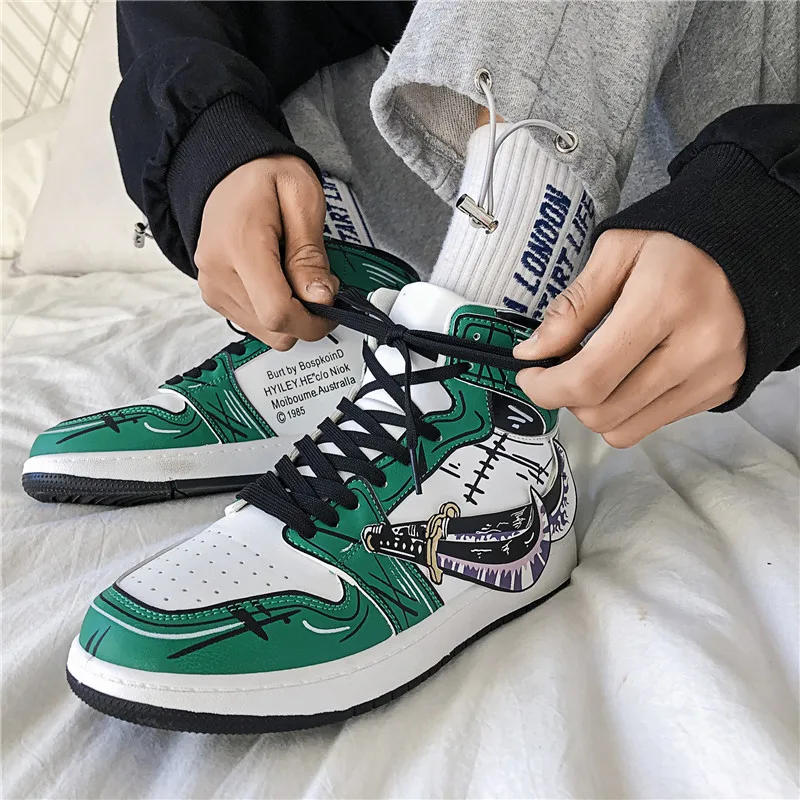 Autumn Winter Fashion Green Men's Anime Shoes Leather Flats Boots High Men Skateboard Sneakers Vulcanized Shoes Zapatillas Skate