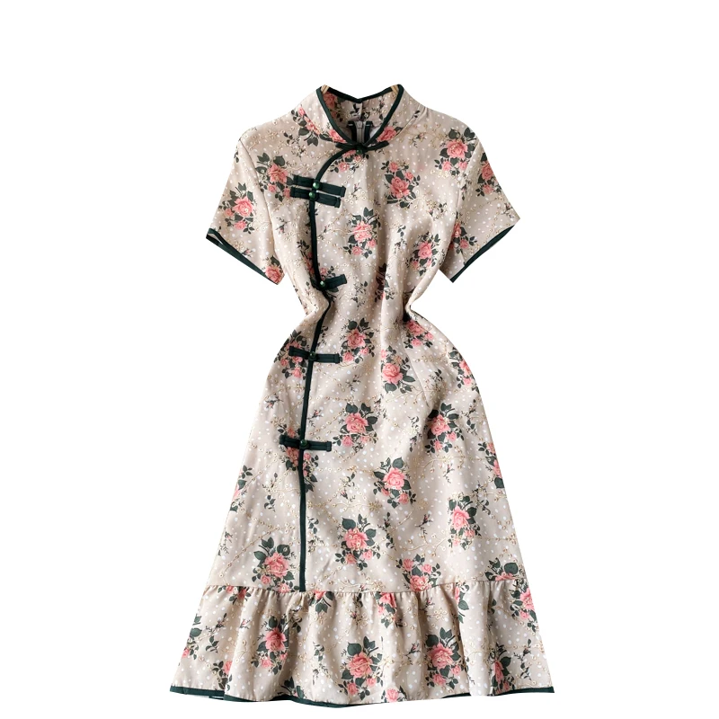 

qipao modified heavy embroidery dress female temperament of spring collar cultivate morality wave point printed