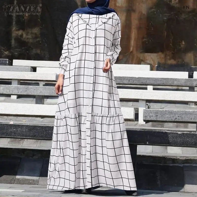 ZANZEA Women Vintage O Neck Long Sleeve Muslim Dress Spring Elegant Plaid Checked Maxi Sundress Abaya Hijab Robe Femme | Тематическая