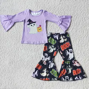 Autumn Winter Girl&#39;s Clothes Halloween Ghost Print Purple Long-sleeved Top And Black Print Flared Pants