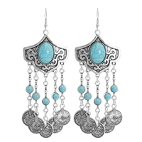 bohemia vintage coin tassel drop earrings for women antique silver green stone tribal statement earrings gypsy turkish jewelry