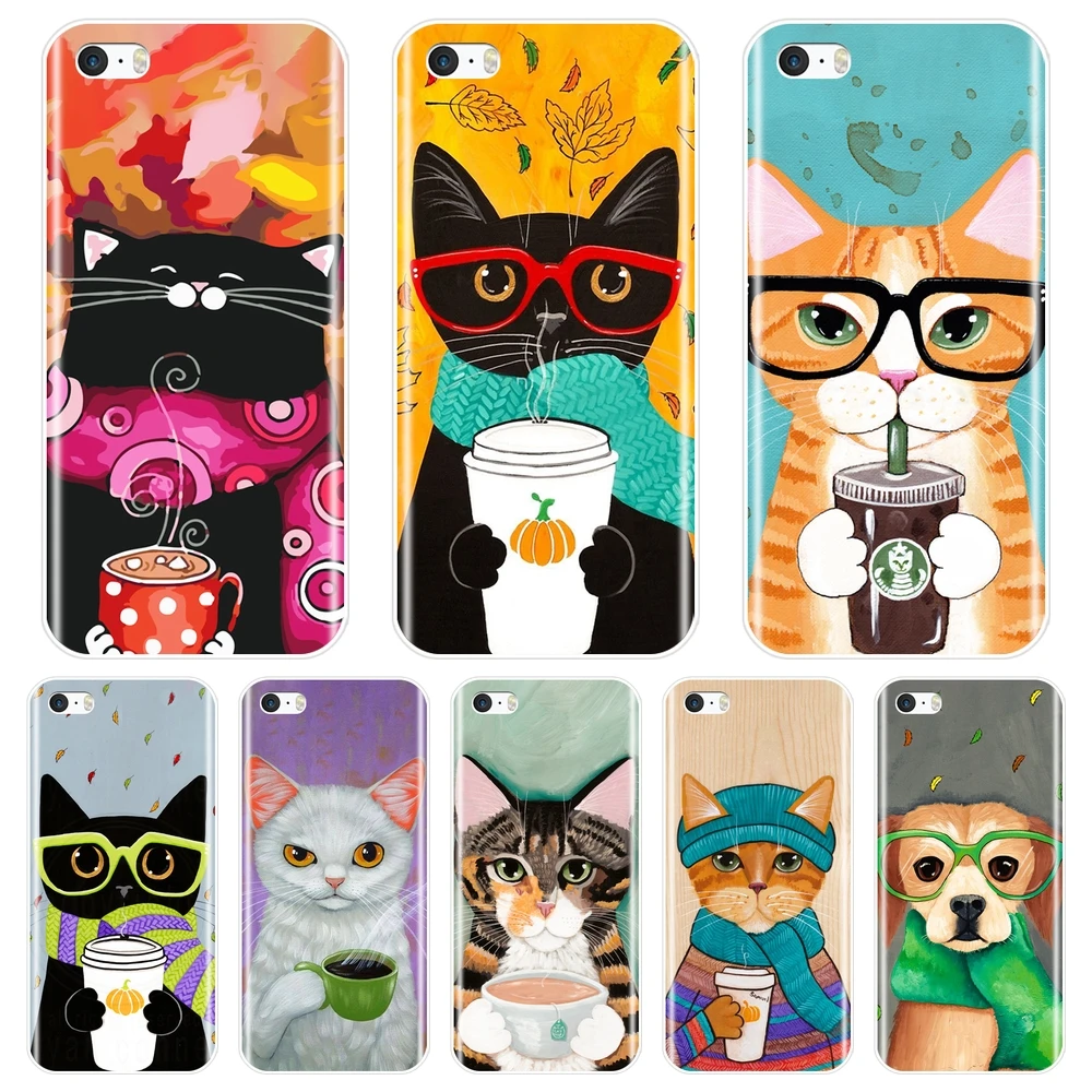 Задняя крышка для iPhone 5C 5S SE 5 S силиконовый мягкий черный Kawaii Кот милая собака