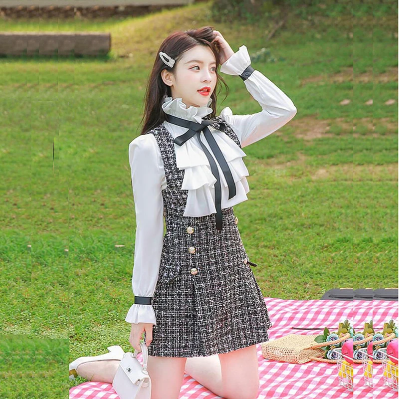 

Autumn Winter Ruffles Chiffon Shirt And Plaid Tweed Wool Vest Dress 2 Two Piece Sets For Women Sweet Overalls Dresses Mujer New