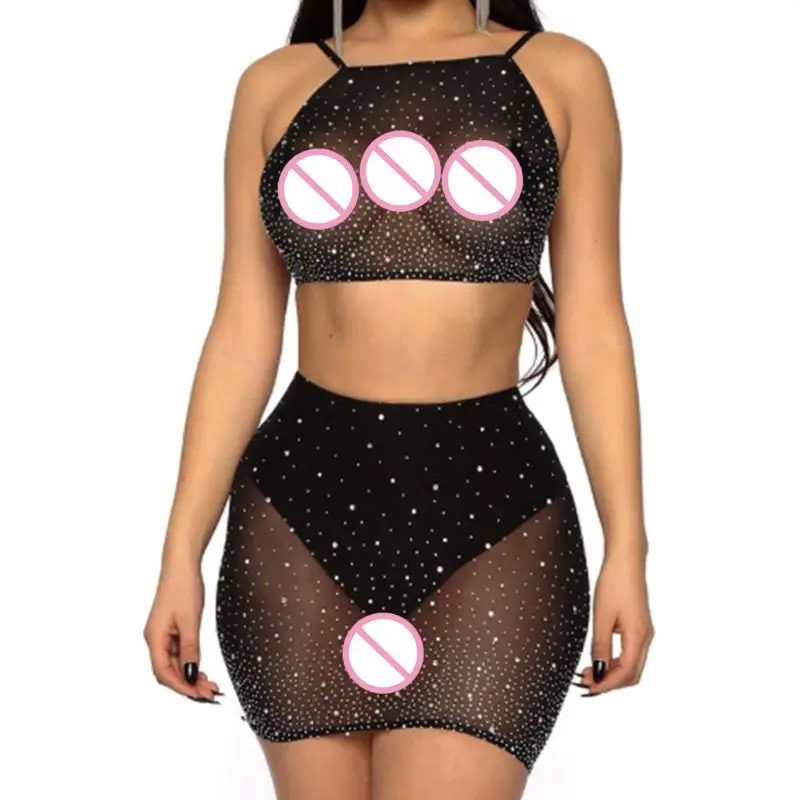 

Women Hollow Out Mesh 2 Pieces Set Shiny Rhinestone Crop Top Sexy Sheer Mini Skirt Summer Beach Cover Up Clubwear