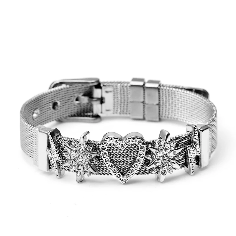 

Dinglly Stainless Steel Mesh Bracelets For Women Lucky Crown Beads Heart Charm Adjustable Bracelet & Bangle Girls Jewelry Gifts