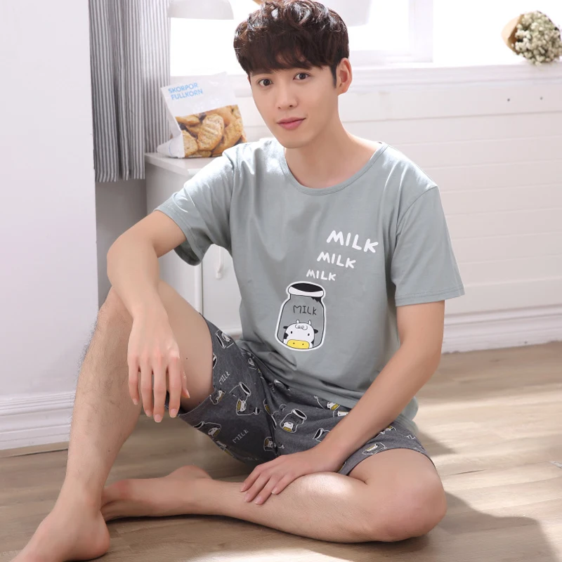 YAHOUHEI Мужская пижама летняя короткий рукав домашняя тонкая хлопок клетчатая