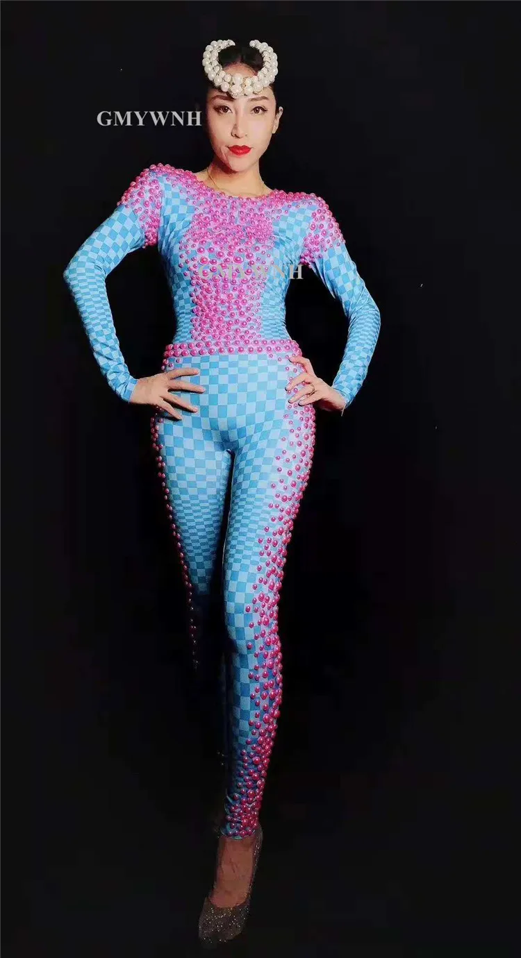 W60 сексуальный женский танцевальный сценический костюм синий комбинезон с