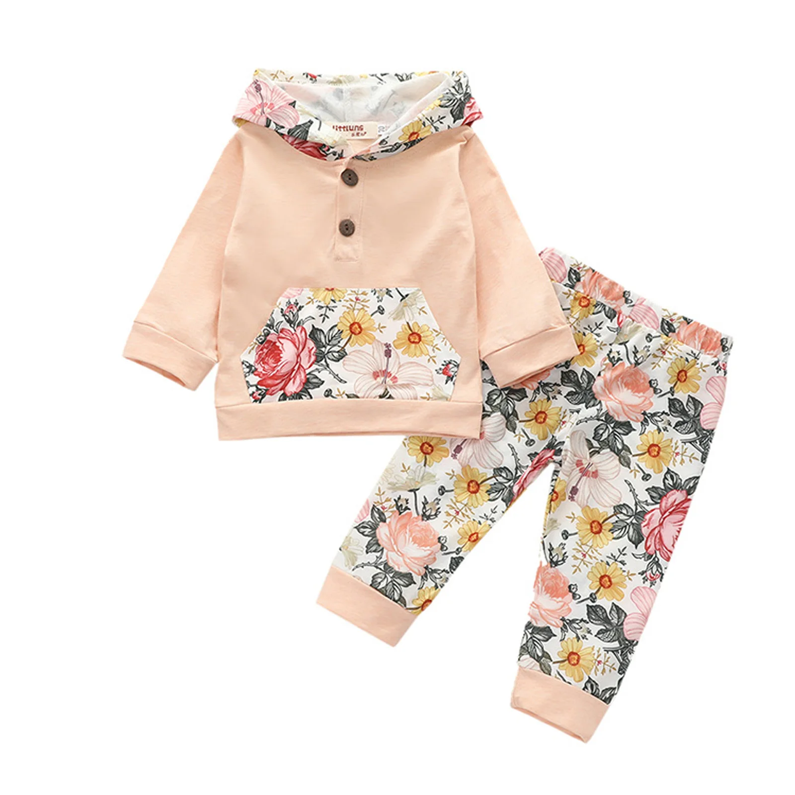 

Комплект из двух предметов для маленьких девочек, пуловер с капюшоном и брюки абрикосового цвета с цветочным принтом