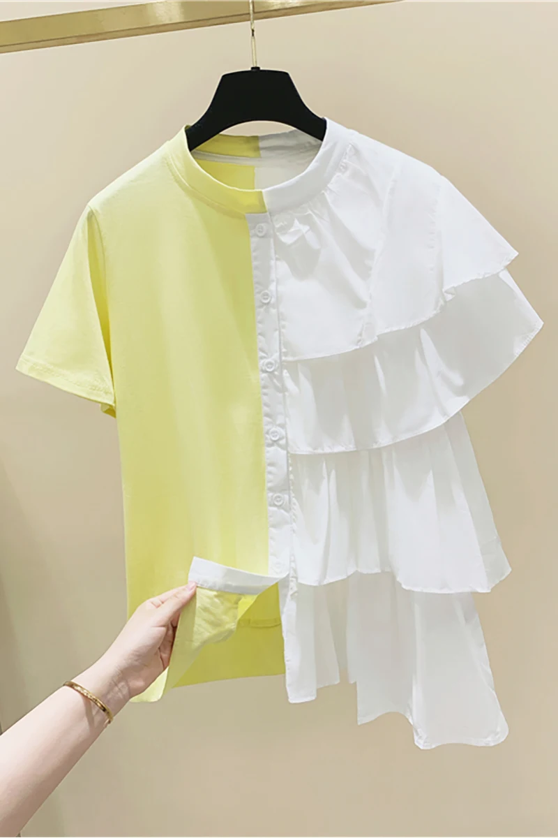 

Ruffled Irregular Stitching Short Sleeve Round Neck T-shirt Female 2021 Summer Korean Style Loose Color Matching Tops Harajuku