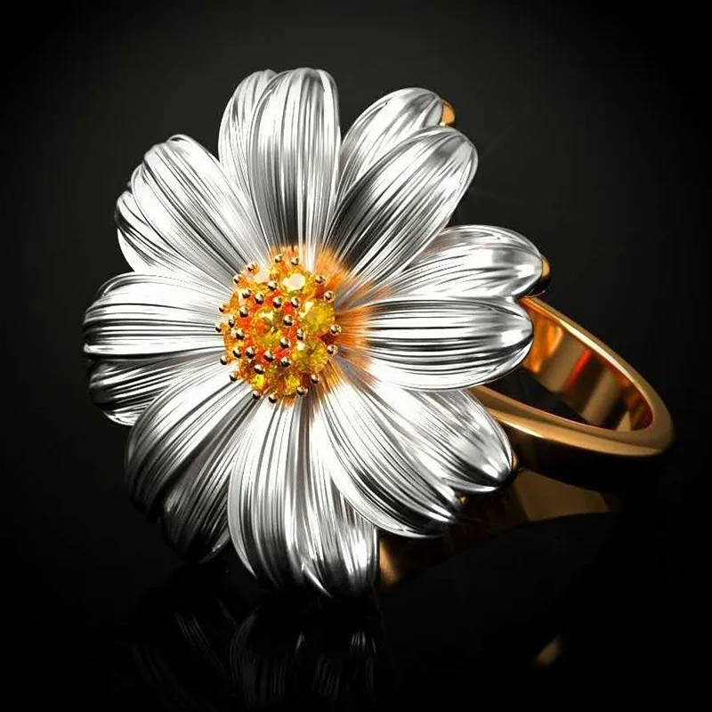 

Exquisite Boho Tow Tone Small Daisy Rings For Women CZ Stone Inlay Fashion Sunflower Finger Ring Cocktail Party Jewelry Gift