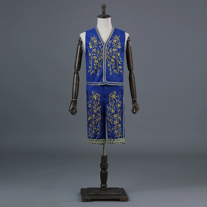 Fashion men's court suit Spanish bullfighting suit high collar Chinese style 3 piece stage singer costume(suit coat+Pants+Vest