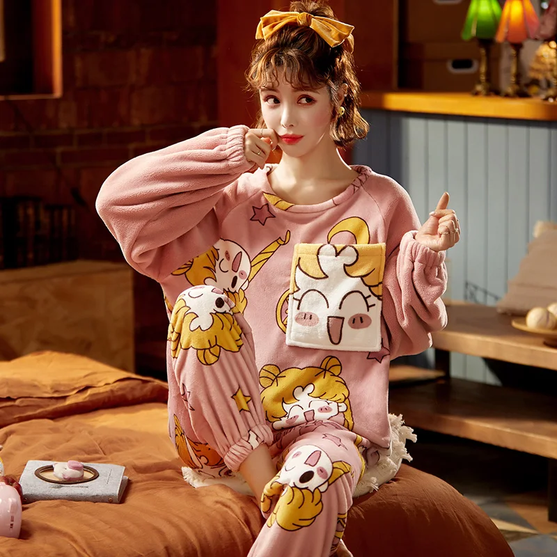 Новая зимняя Пижама с круглым вырезом Женская фланелевая ночная рубашка