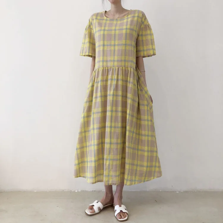 

Summer Cotton Linen Midi Long Dresses Vintage Slim A-LINE Plaid Pattern Woman Dress Casual YOU703