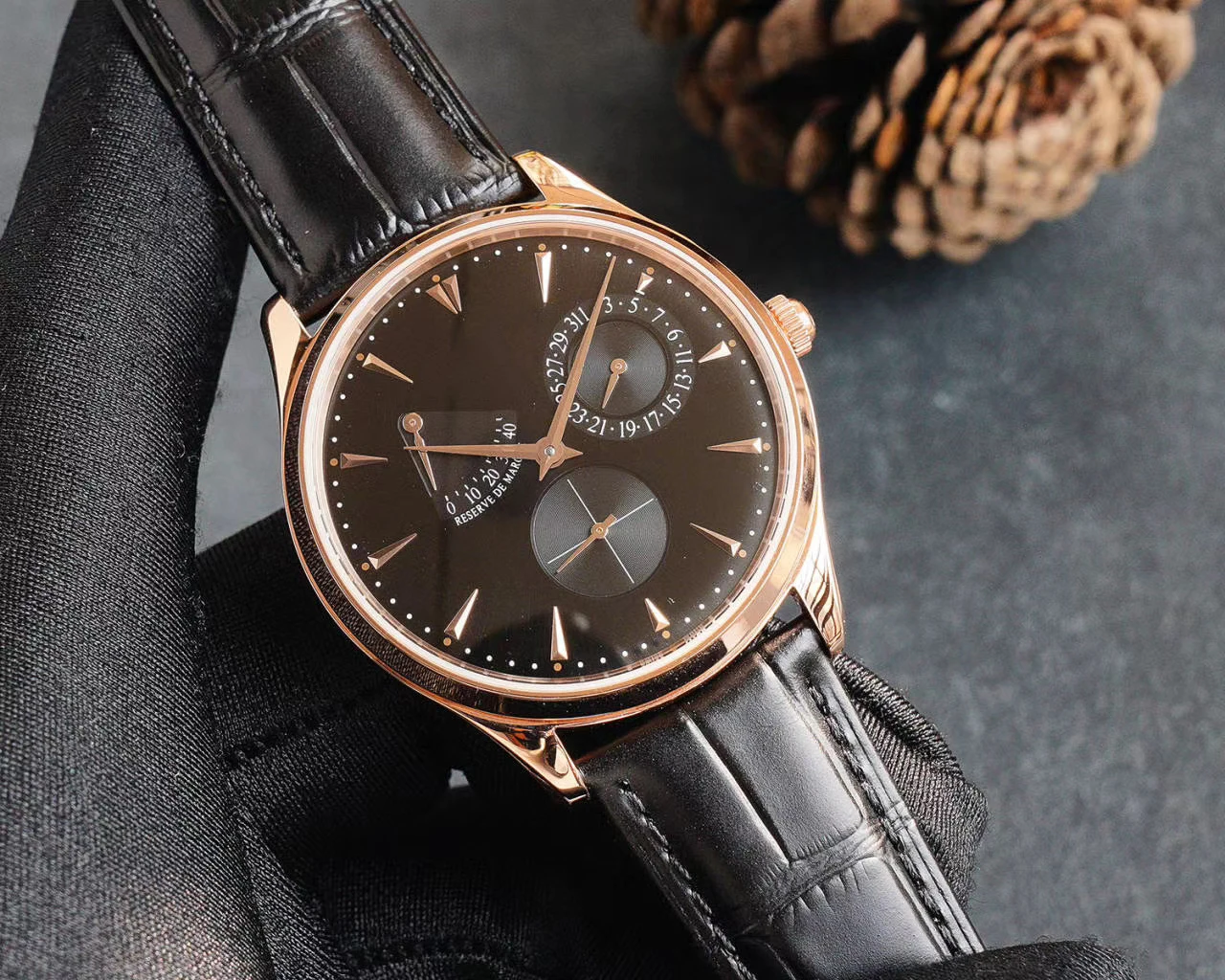 

New Men's Watch Diamonds Bezel Rose Gold Automatic Mechanical Multi-function Stainless Steel Black Leather Sapphire Crystal