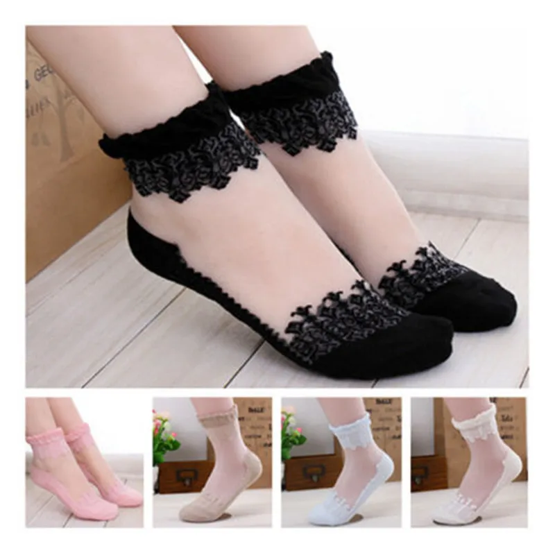 

Women Lace Mesh Socks Silk Lace sock Elastic Short Girl Sox Female Floral Lace-up Ultrathin Women's Socks