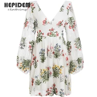 hepidem clothing summer floral elegant mesh embroidery sexy v neck dresses women autumn lantern sleeve mini dress vestidos 21120