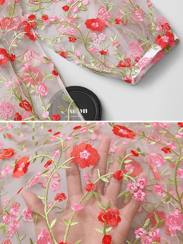 

Retro temperament Net yarn embroidery Hollow flowers Suit collar Double-breasted belt waist loose dress Ladies summer new style