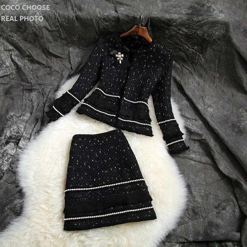 Women pearls beading tweed jacket round neck formal office skirts suits elegant black white fringe two piece outfits winter