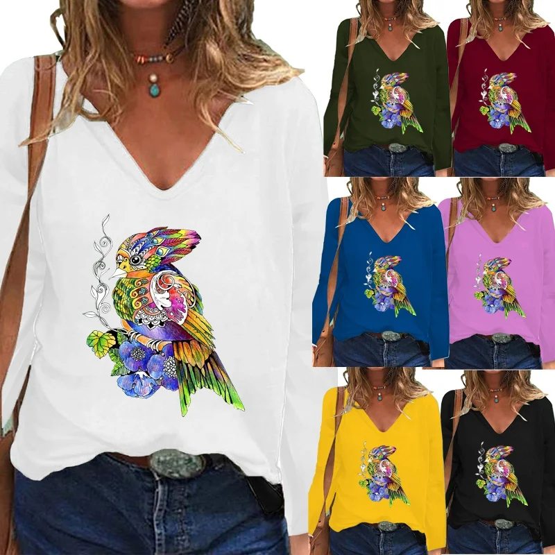 

Women Autumn Fashion Long Sleeved Casual V-Neck Printed Loose Sweatshirt Tops & Blouses Plus Size T-shirts