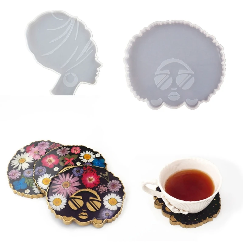 

2022 New Afro Female Epoxy Resin Mold Tea Mat Human Head Coaster Tray Silicone Mould DIY 2020 trend