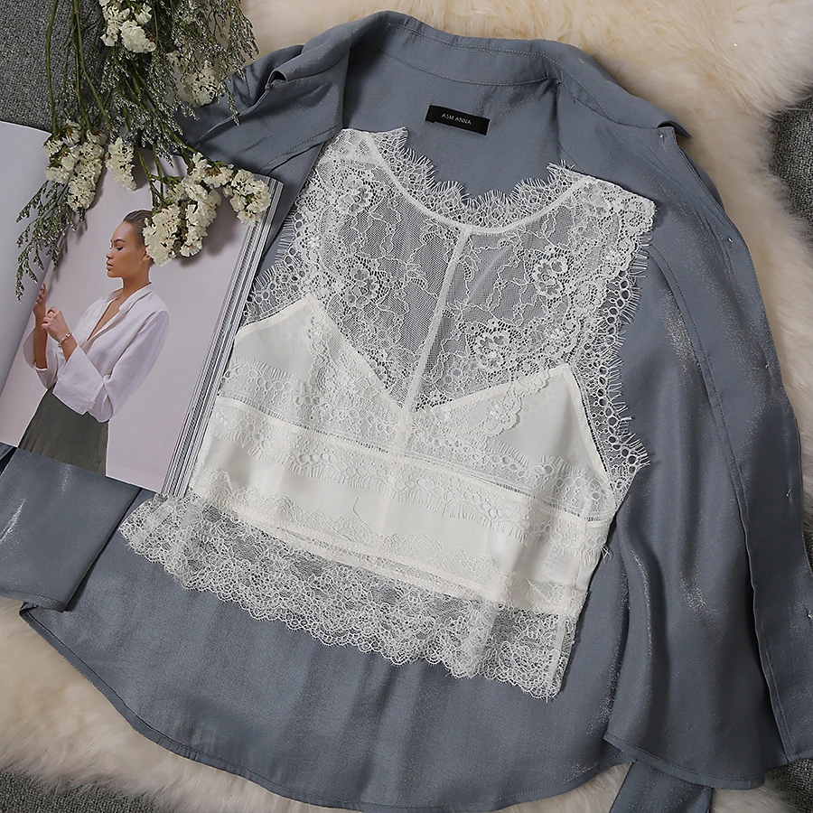 19mm satin lace decorate V-neck  backless sexy lady silk camisole short female summer high-waist navel black white vest  top