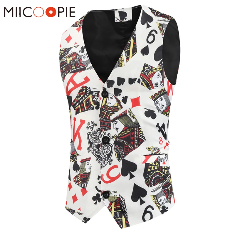Sleeveless Playing Cards Printed Chalecos Para Hombre Multi Pattern Slim Fit Tuxedo Suit Vest Men Casual V-Neck Waistcoat Jacket | Мужская