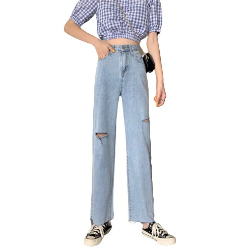 

Summer 2020 new tide ins Hyun-a Kim hole jeans women thin slim high waist straight loose wide-leg pants