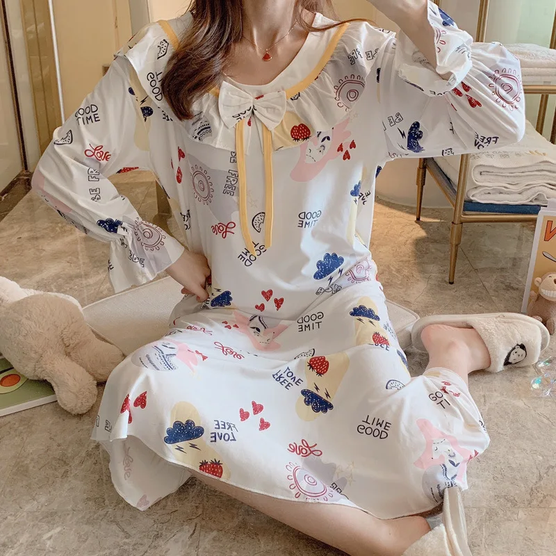 

Cute Bow Sleepwear Women Nightgown Autumn Winter Long Sleeve Sleepwear Avocado Print Ladies Casual Night Dress Oversize Homewear