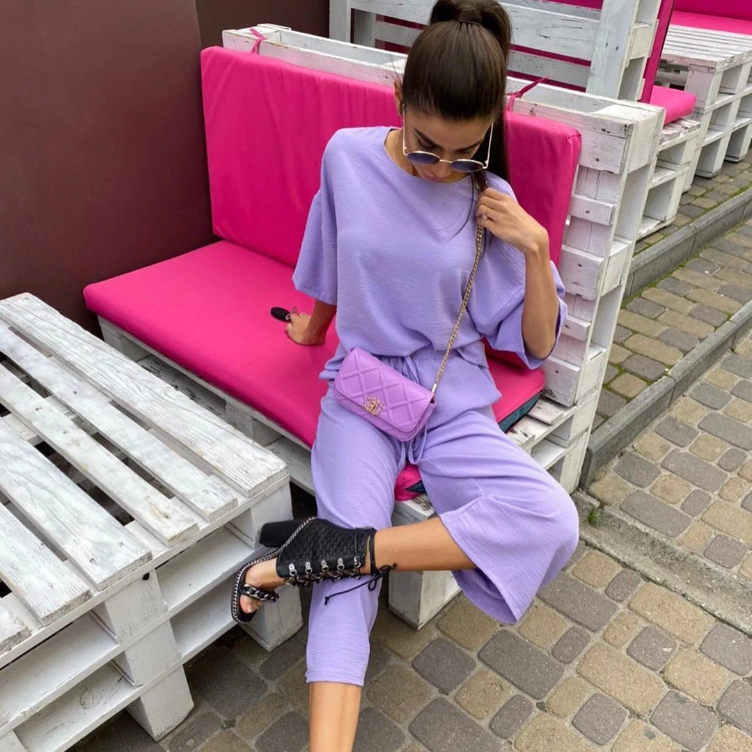 

Women Outfit Suit Female Ladies Summer Women Set Loose Top Shirt And Long Pants Bottom Two Piece Set Beach Home Casual Tracksuit