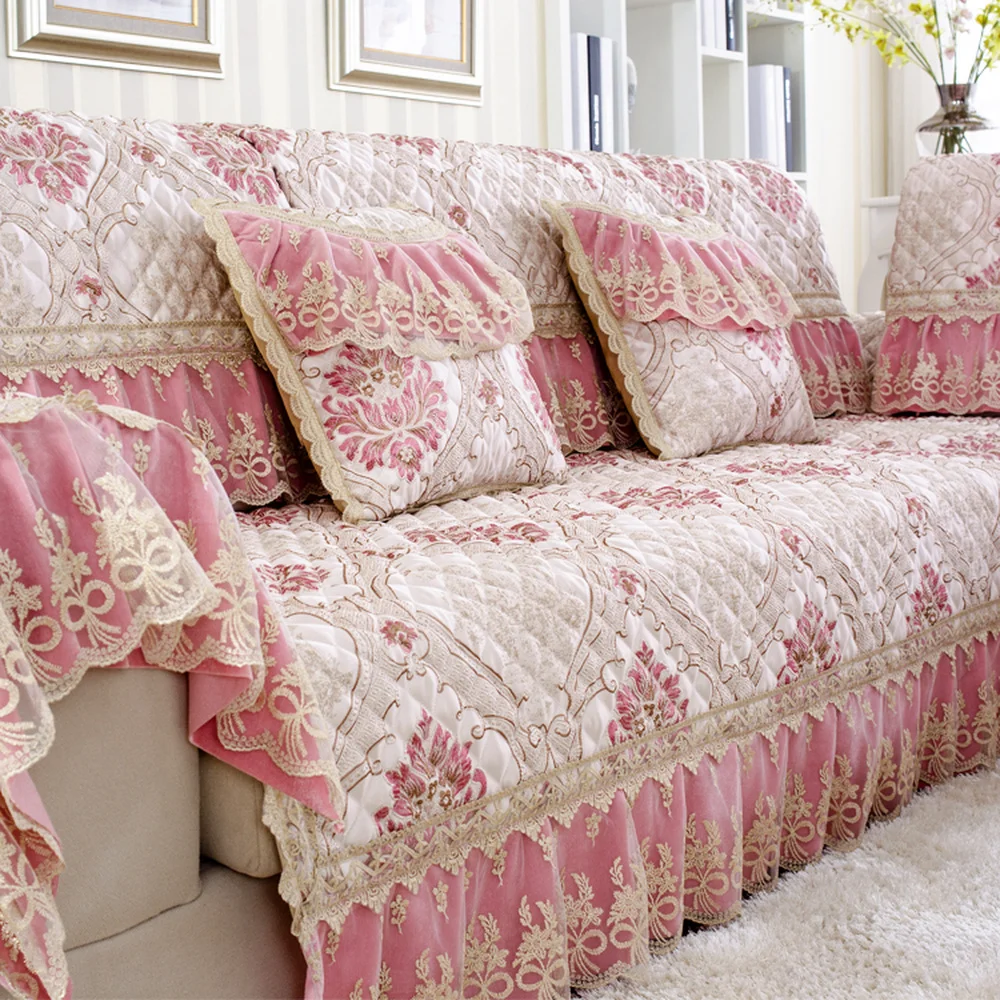 

Luxury Royal Sofa Cover Cotton Linen Slipcover Pink Jacquard Sofa Towel Non-slip Cushion Backrest Pillow Case Combination Kit A2