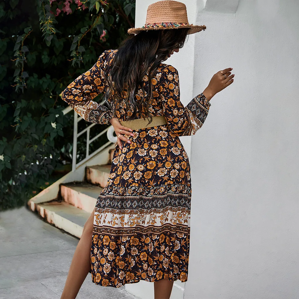 

Vintage V-neck Boho Floral Print Holiday Dress Women Spring Summer Long Sleeve Female High Waist Split Midi Dress 2021 DS027