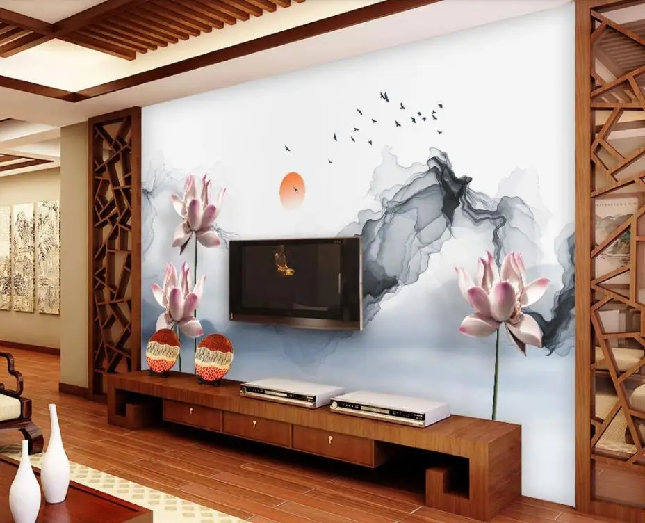wallpaper for walls 3 d living room Chinese style landscape lotus art background wall | Обустройство дома