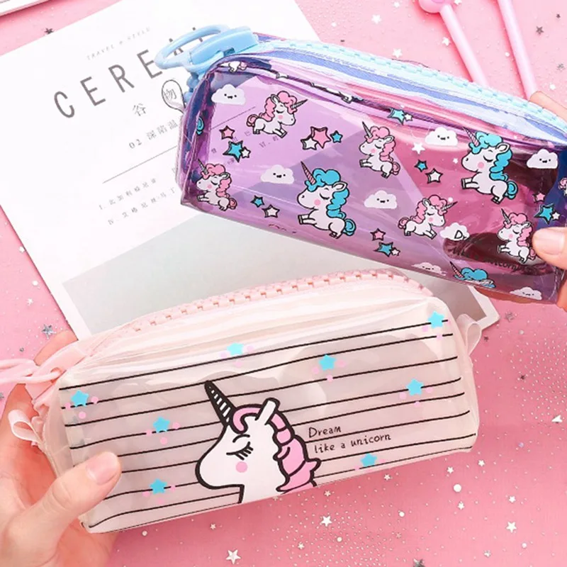 

Transparent Unicorn Pencil Case Big zipper Capacity School Pencil Bag Storage pouch pen box School Supplies Stationery gift