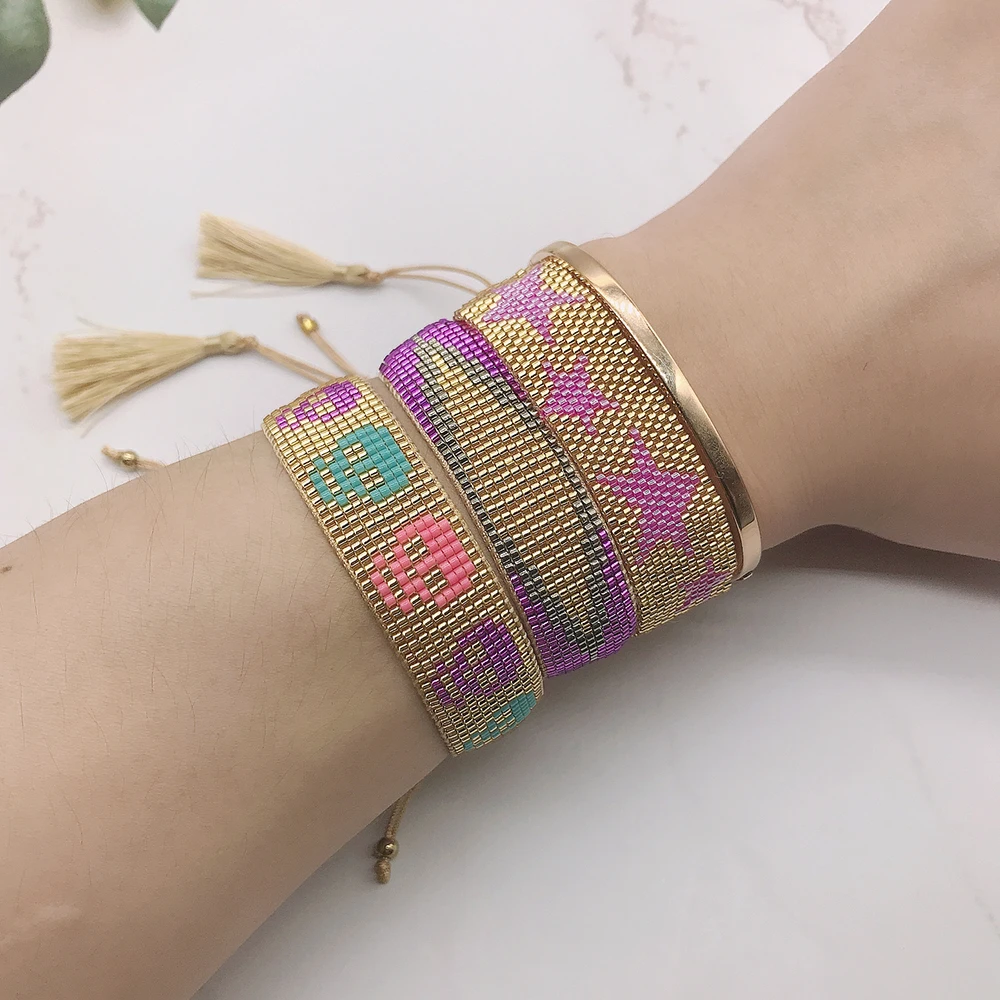 

BLUESTAR 3pcs One Set Women Purple Evil Eye Bangles Handmade Bohemian gold heart skull MIYUKI Bracelets