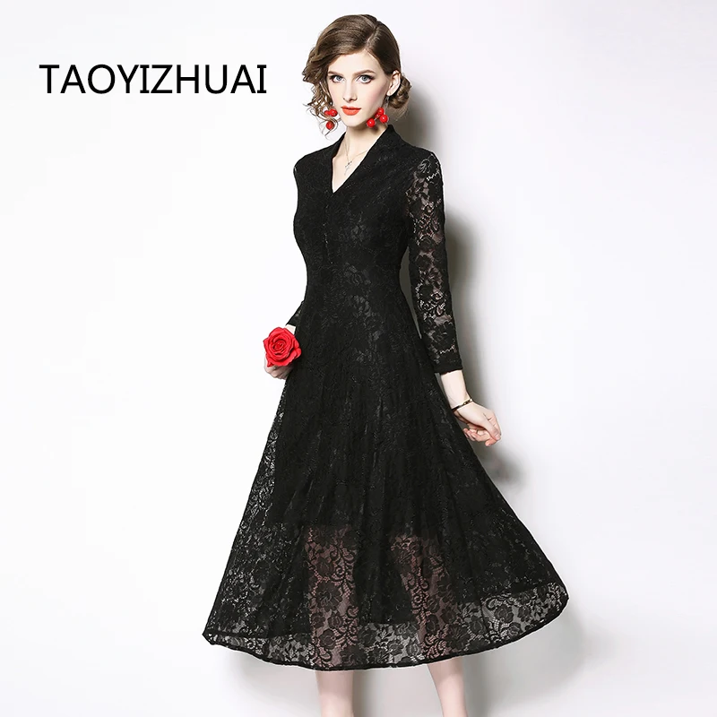 

TAOYIZHUAI fashion casual long lace dress deep v neck empire waist fit and flare elegant slim lady party dress vestidos