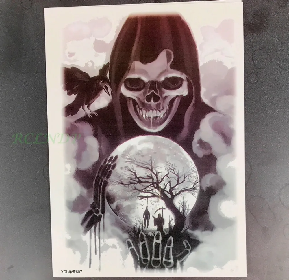 

Водостойкая Временная тату-наклейка, Череп, призрак, Der Totmacher, смерти, ворона, птица, тату для мужчин, руки, спины, флэш-Ш-тату, искусственная татуировка